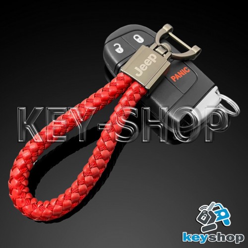 Кожаный (красный) плетеный брелок для авто ключей Джип (Jeep)