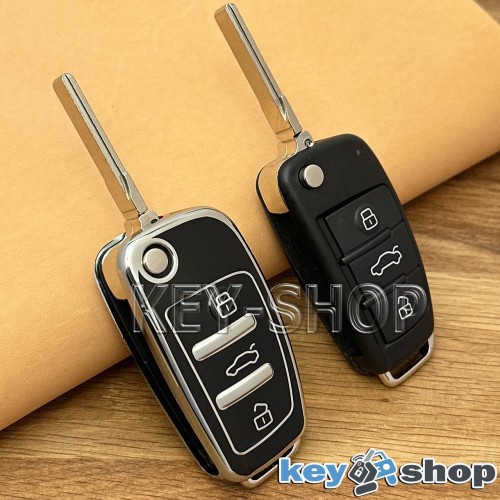 Чехол для выкидного ключа Audi (Ауди), A1, A3, A6, Q2, Q3, Q7, кнопки c защитой, (черный, полиуретановый)
