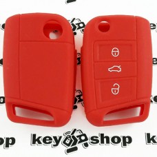 Чехол для выкидного ключа Skoda (Шкода), Octavia A7, Fabia, Karoq, Rapid, Kamiq, 3 кнопки (красный, силиконовый)