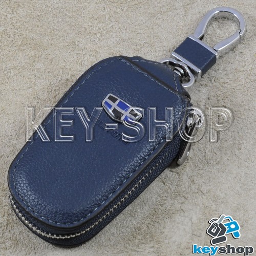 Ключница карманная (кожаная, синяя, с карабином, на молнии, с кольцом), логотип авто Geely (Джили)