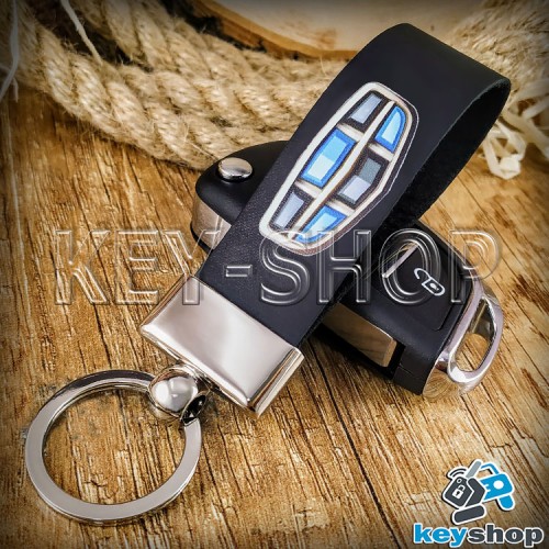 Брелок для авто ключей Geely (Джили) кожаный (черный) с хромированной фурнитурой