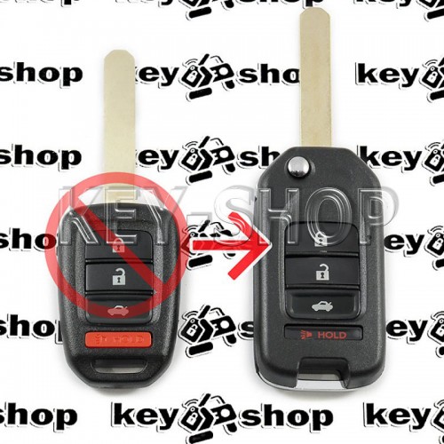Корпус выкидного ключа Honda (Хонда) под переделку, 3 + 1 кнопки, лезвие HON66