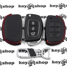 Кожаный чехол (c красной строчкой, c тиснением), для выкидного ключа Hyundai (Хундай) 3 кнопки
