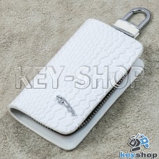Ключница карманная (белая "кожа змеи", на молнии, с карабином, с кольцом), логотип авто Jaguar (Ягуар)