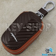 Ключница карманная (кожаная, коричневая, с тиснением, на молнии, с карабином, с кольцом), логотип авто Jaguar (Ягуар)