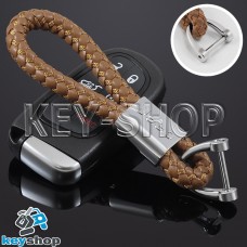 Кожаный (светло - коричневый) плетеный брелок для авто ключей Джип (Jeep)