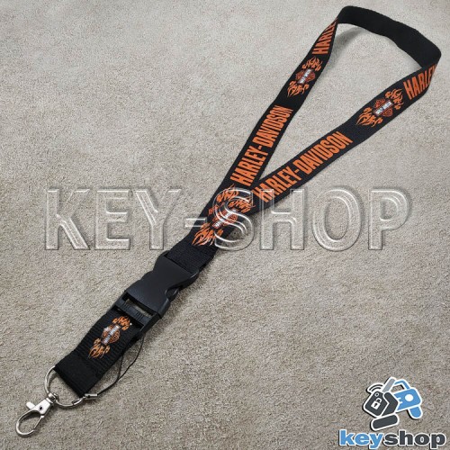 Шнурок на шею (черный) для ключей с карабином и логотипом Harley Davidson (Харли Дэвидсон)