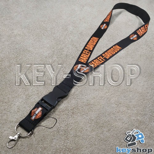 Шнурок на шею (черный) для ключей с карабином и логотипом Harley Davidson (Харли Дэвидсон)