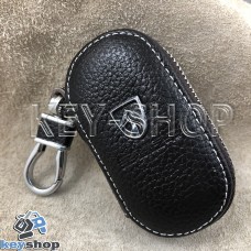 Ключница карманная (кожаная, коричневая, на молнии, с карабином, с кольцом), логотип Peugeot Samand (Пежо Саманд)