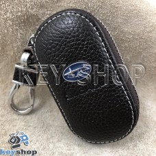 Ключница карманная (кожаная, коричневая, на молнии, с карабином, с кольцом), логотип авто Subaru (Субару)