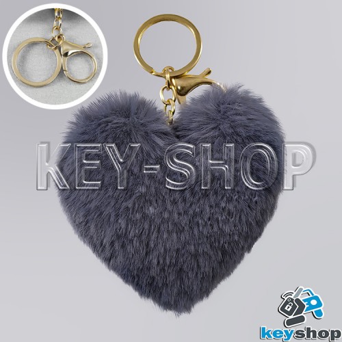 Темно-серый пушистый меховой брелок сердце, с кольцом и карабином на сумку, рюкзак