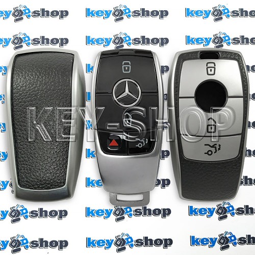 Чехол на смарт ключ Mercedes (Мерседес), (серебристый, полиуретановый с тиснением под кожу), кнопки с защитой