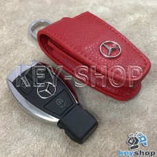Чехол - ключница (кожаный, красный, с карабином, с кольцом), логотип авто Mercedes (Мерседес) 