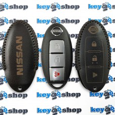 Чехол для смарт ключа Nissan (Ниссан), Juke, Rogue, Murano, Pathfinder, Sentra, Maxima, Versa, Altima, 2+1 кнопки, натуральная кожа, черный
