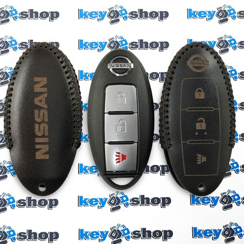 Чехол для смарт ключа Nissan (Ниссан), Juke, Rogue, Murano, Pathfinder, Sentra, Maxima, Versa, Altima, 2+1 кнопки, натуральная кожа, черный