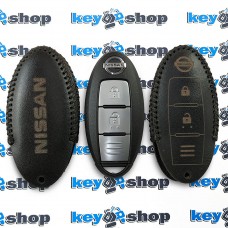 Чехол для смарт ключа Nissan (Ниссан), Qashqai, X-Trail, Tiida, Juke, 2 кнопки, натуральная кожа, черный