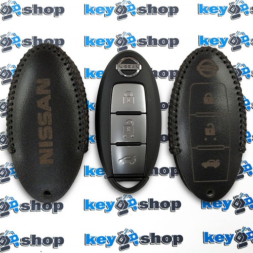    Чехол для смарт ключа Nissan (Ниссан), Juke, Qashqai, Xtrail, Micra, Leaf, 3 кнопки, натуральная кожа, черный