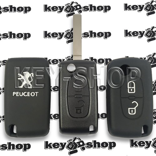 Чехол (черный, силиконовый) для выкидного ключа Peugeot (Пежо) 2 кнопки