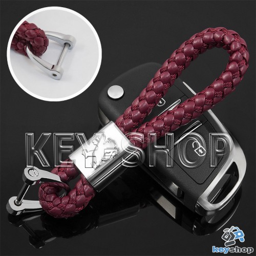 Кожаный плетеный (бордовый) брелок для авто ключей Пежо (Peugeot)
