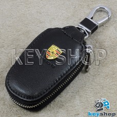 Ключница карманная (кожаная, черная, с карабином, на молнии, с кольцом), логотип авто Porsche (Порше)