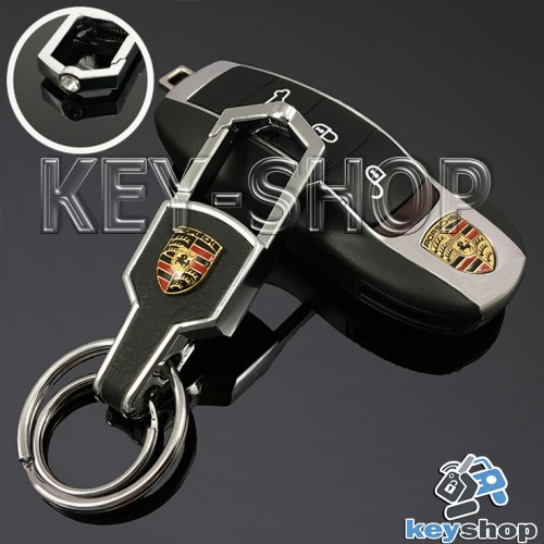 Металлический брелок для авто ключей PORSCHE (Порше) с карабином и кожаной вставкой