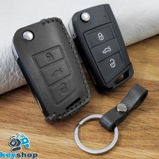   Чехол на выкидной ключ Seat (Сеат), Seat Leon, Tarraco, Arona, Ateca, 3 кнопки, кожаный, темно-серый