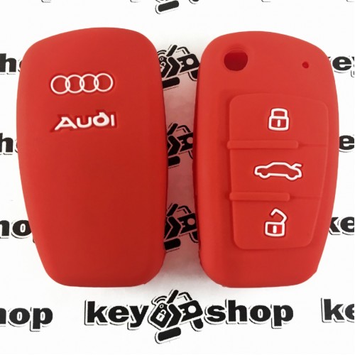 Чехол для выкидного ключа Audi (Ауди), A1, A3, A6, Q2, Q3, Q7, 3 кнопки,  (красный, силиконовый)