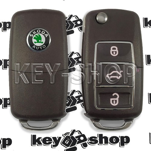 Корпус выкидного автоключа SKODA (шкода) (коричневый) 3 - кнопки, лезвие HU66, HU49