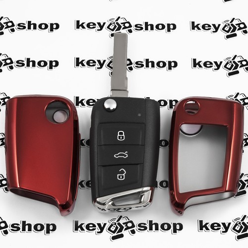 Чехол для выкидного ключа Skoda (Шкода), Octavia A7, Fabia, Karoq, Rapid, Kamiq, кнопки без защиты (красный, полиуретановый) 