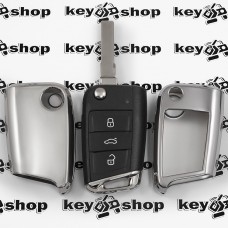   Чехол для выкидного ключа Skoda (Шкода), Octavia A7, Fabia, Karoq, Rapid, Kamiq, кнопки без защиты (серебристый, полиуретановый)