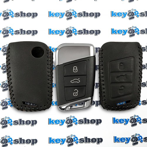    Чехол для смарт ключа Skoda (Шкода), SuperB, Kodiaq, 3 кнопки, натуральная кожа, черный