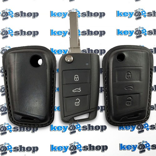 Чехол для выкидного ключа Skoda (Шкода), Octavia A7, Fabia, Karoq, Rapid, Kamiq, 3 кнопки, черный, бесключевой доступ