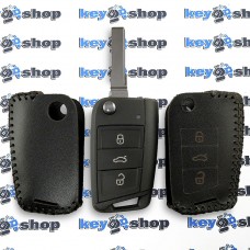 Чехол для выкидного ключа Skoda (Шкода), Octavia A7, Fabia, Karoq, Rapid, Kamiq, 3 кнопки, натуральная кожа, черный