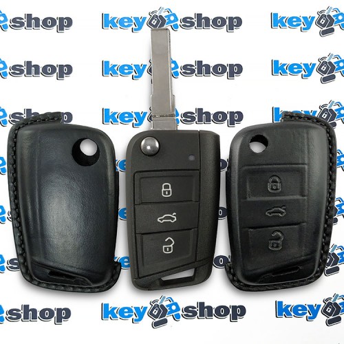 Чехол для выкидного ключа Skoda (Шкода), Octavia A7, Fabia, Karoq, Rapid, Kamiq, 3 кнопки, натуральная кожа, тисненый