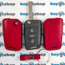 Чехол для выкидного ключа Skoda (Шкода), Octavia A7, Fabia, Karoq, Rapid, Kamiq, 3 кнопки, красный, кожаный
