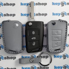 Чехол для выкидного ключа Skoda (Шкода), Octavia A7, Fabia, Karoq, Rapid, Kamiq, 3 кнопки, серый, кожаный