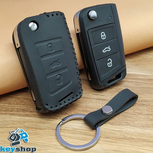  Чехол на выкидной ключ Skoda (Шкода), Octavia A7, Fabia, Karoq, Rapid, Kamiq, 3 кнопки, черный, кожаный 