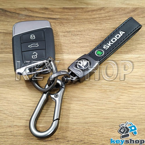 Брелок ключа Шкода (Skoda) кожаный (черный) с карабином