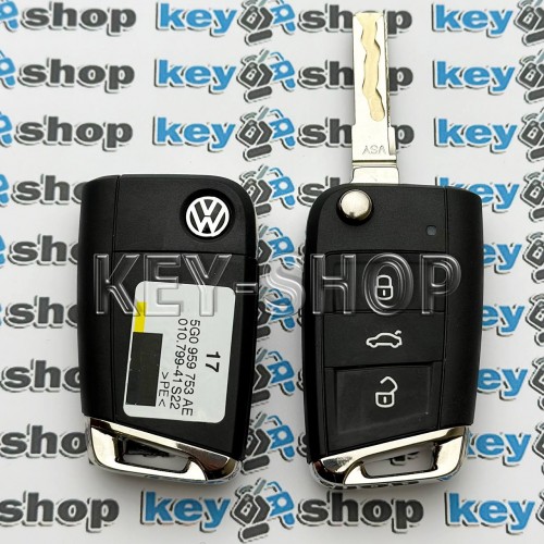Оригинальный выкидной ключ для Volkswagen (Фольксваген) 3 кнопки, чип MQB 48, 5G6959752 AE, 315 MHZ 