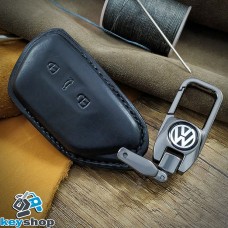           Чехол на ключ VOLKSWAGEN (Фольксваген) натуральная кожа, черный, с хромированным карабином 3 кнопки (ручная работа)