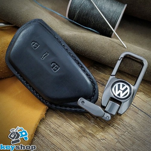           Чехол на ключ VOLKSWAGEN (Фольксваген) натуральная кожа, черный, с хромированным карабином 3 кнопки (ручная работа)