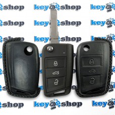 Чехол для выкидного ключа VOLKSWAGEN (Фольксваген), Golf, Jetta, Polo, 3 кнопки, натуральная тисненая кожа, черный