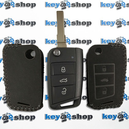 Чехол для выкидного ключа VOLKSWAGEN (Фольксваген) Golf, Jetta, Polo, Tiguan, 3 кнопки (кожа нубук)