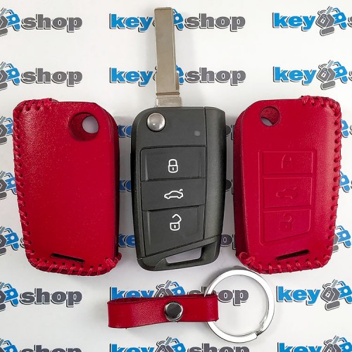  Чехол для выкидного ключа VOLKSWAGEN (Фольксваген) Golf, Jetta, Polo, Tiguan, 3 кнопки (красный) кожаный
