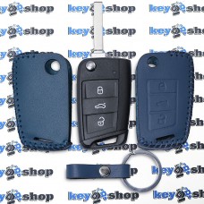  Чехол для выкидного ключа VOLKSWAGEN (Фольксваген) Golf, Jetta, Polo, Tiguan, 3 кнопки (синий) кожаный