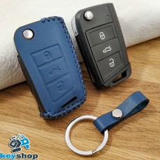    Чехол на выкидной ключ VOLKSWAGEN (Фольксваген) Golf, Jetta, Polo, Tiguan, 3 кнопки (синий) кожаный