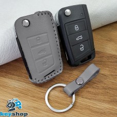    Чехол на выкидной ключ VOLKSWAGEN (Фольксваген) Golf, Jetta, Polo, Tiguan, 3 кнопки (серый) кожаный