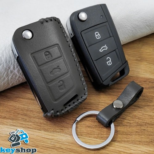    Чехол на выкидной ключ VOLKSWAGEN (Фольксваген) Golf, Jetta, Polo, Tiguan, 3 кнопки (темно-серый) кожаный