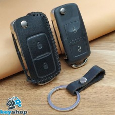  Чехол на выкидной ключ Skoda (Шкода), Octavia A7, Fabia, Karoq, Rapid, Kamiq, 2 кнопки, черный, кожаный 
